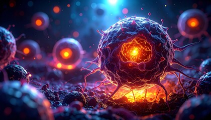 3D Illustration of Microscopic View of Cancer Stem Cell, Tumor, or Virus, Multiplying Inside Body. Near-Infrared Photoimmunotherapy. Medical Illustration.