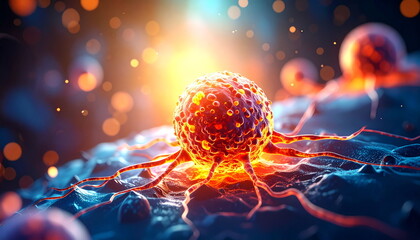 3D Illustration Depicting Near-Infrared Photoimmunotherapy Treatment Where Light is Directed at Cancer cell.