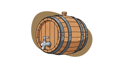 Wooden barrel illustration for beverages and liquids storage, traditional container for wine, whiskey, or beer, with a spigot for dispensing