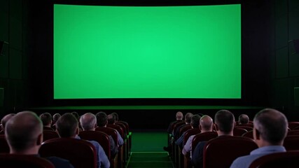 People watching a blank green screen in a movie hall. Template for video production, special effects, and cinematic presentations