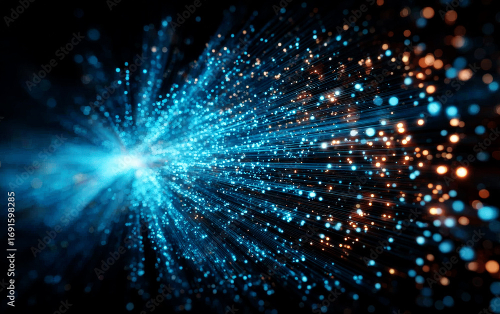 Poster dynamic blue light streams and glowing spots in abstract visualization