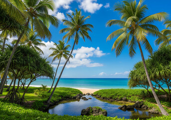 Obraz premium A tranquil tropical beach with palm trees and a turquoise ocean under a clear sky