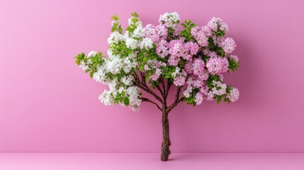 A pink tree with white and pink flowers against a pink background.