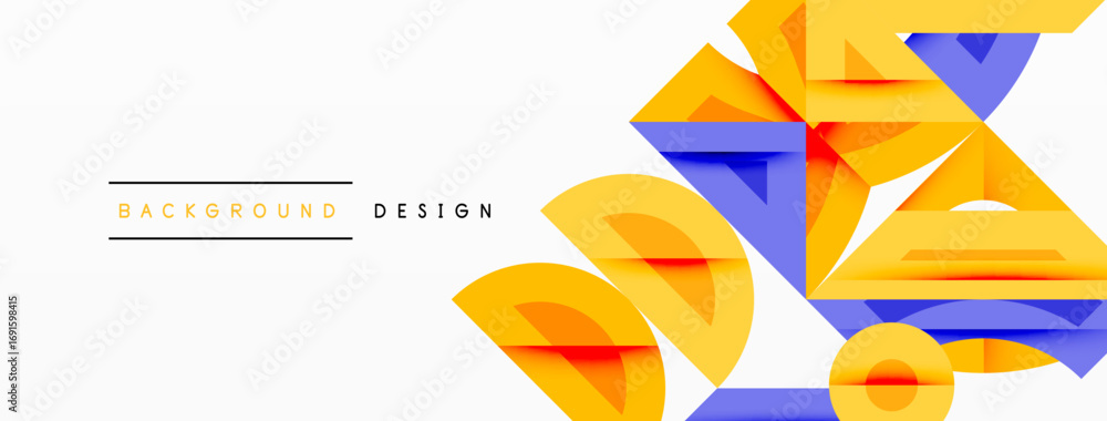 Poster abstract geometric shapes overlap, creating vibrant color contrast. background features text backgro