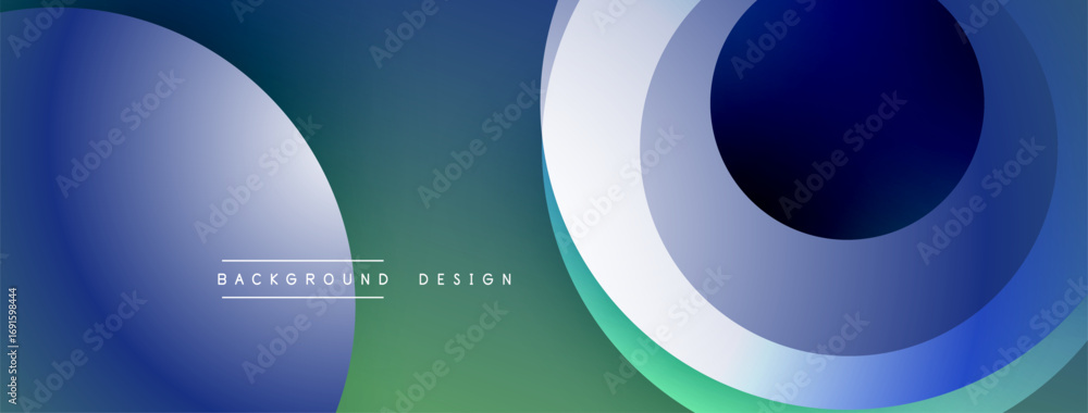 Poster abstract fluid shapes, blue, green hues. overlapping circles create dynamic visual effect. modern ba