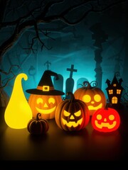 Halloween Night Scene with Pumpkins and Graveyard
