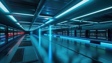 Futuristic Data Center Server Room with Blue Neon Lighting and Advanced Technology