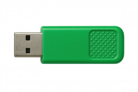 Close-up of a green usb flash drive, isolated on a transparent background, ready for data transfer and storage