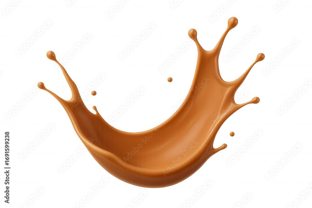 Poster caramel liquid splashing, creating golden crown-like pattern with smooth, glossy texture against tra