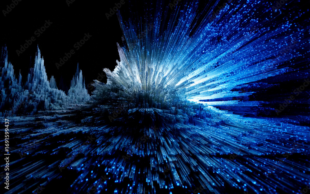 Poster vibrant blue fractal pattern with radiating lines and spikes
