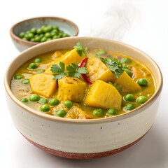 Comforting North Indian curry made with potatoes and green peas simmered in a spiced tomato-onion gravy,
