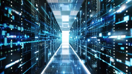 Futuristic Data Center Server Room with Bright Blue Lights and Modern Technology