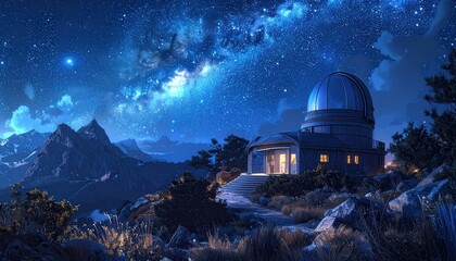 Obraz premium A magnificent observatory stands atop a mountain range under a night sky filled with stars and the vibrant Milky Way, casting a serene and captivating ambiance.