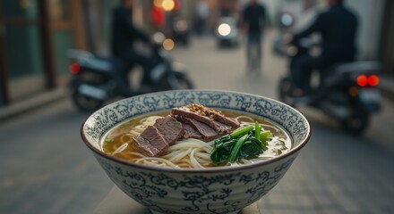 Authentic Beef Noodle Soup in Ornate Bowl on Busy Street, China