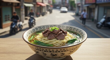 Authentic Beef Noodle Soup in Ornate Bowl, Street Scene Backdrop