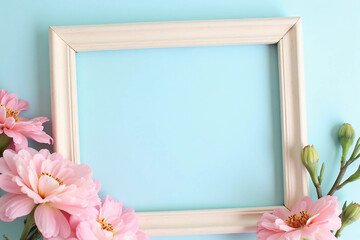 Empty frame and flowers flat lay on blue and pink pastel background with copy space. Soft effect filter. Minimal concept. 3d rendering.