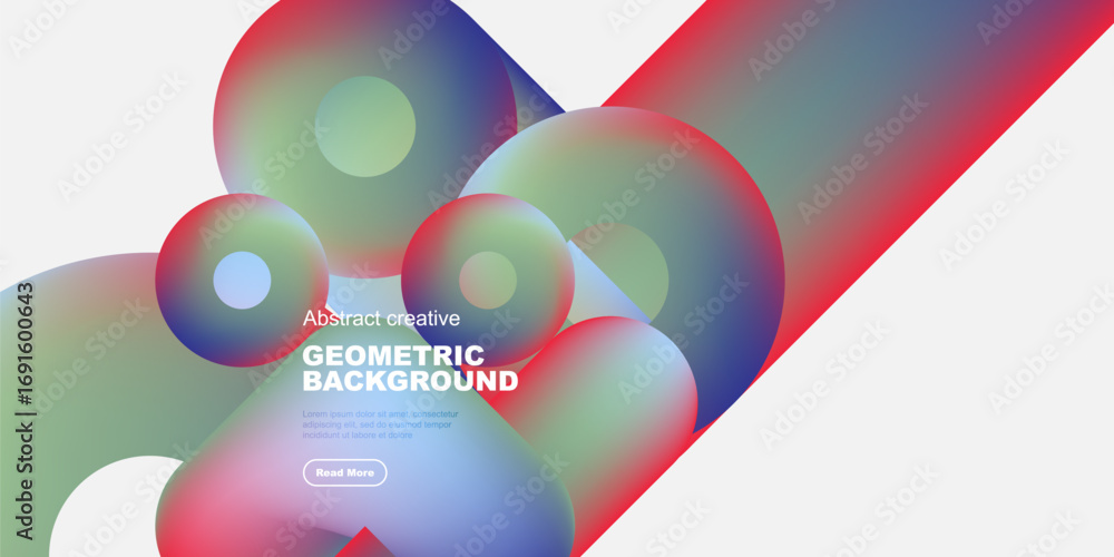 Poster vibrant geometric shapes overlap, creating colorful abstract background. gradient hues blend smoothl