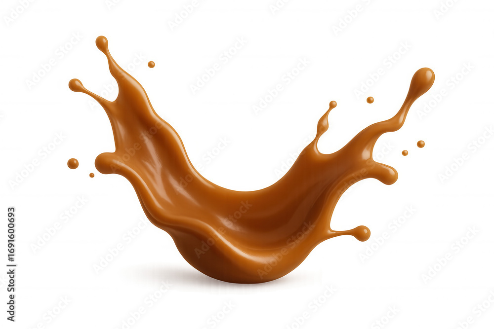 Poster caramel syrup splashing dynamically, forming glossy drops with golden-brown color against transparen