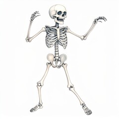 An artistic representation of a skeleton in a playful pose, showcasing detailed bone structure and anatomy.