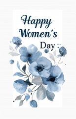  Watercolor happy women's day card with blue and gray flowers on white background