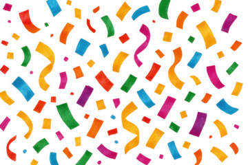 Vibrant confetti and ribbons cascading, generating festive celebration mood against transparent backdrop, perfect for party graphics