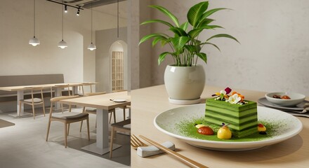 Elegant Restaurant Interior with Matcha Cake and Plant Arrangement