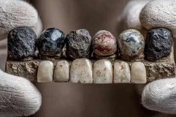 Ancient artificial teeth, held in gloved hands