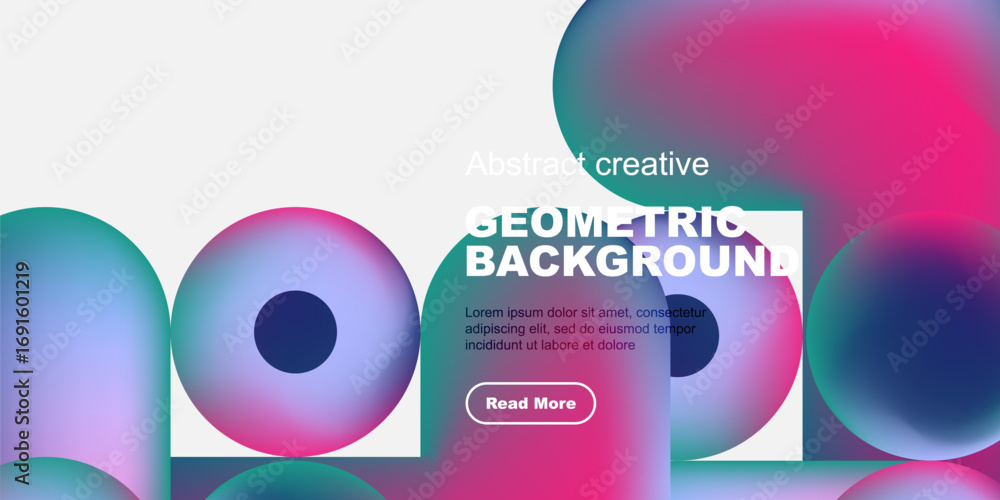 Poster abstract geometric background features vibrant pinks, blues, purples. text block includes sample con