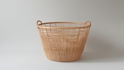 Obraz premium A light beige woven basket with handles sits against a plain backdrop.