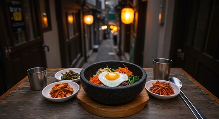 Korean Bibimbap Feast: Vibrant Colors in Seoul Alleyway Restaurant