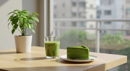 Matcha Delight: Green Tea Cake, Drink, and Plant in Natural Light