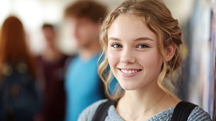 A young woman with curly hair smiling in a hallway.