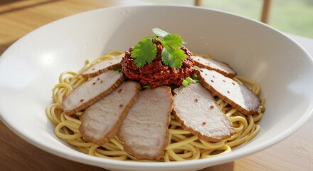 Pork Belly Noodles with Spicy Sauce and Cilantro Garnish in White Bowl