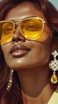 Close-Up Portrait of Stunning Indian Woman with Glowing Skin, Red Hair, Yellow Retro Sunglasses, Wearing Luxurious Diamond Dangler Earring with Emerald-Shaped Yellow Diamond, Sunlit
