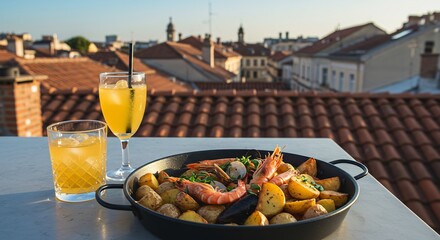 Rooftop Seafood Feast: Shrimp, Potatoes, and Cocktails with City View