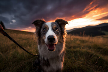 Fototapeta premium A stunning happy dog portrait in a field, bathed in golden sunlight.