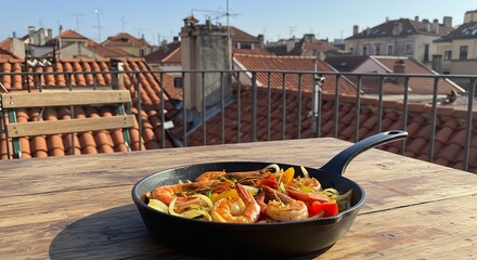 Shrimp Stir-Fry Delight: Rooftop Dining with Cityscape View