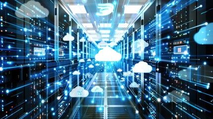 Futuristic Data Center with Cloud Computing Technology in Bright Blue and White
