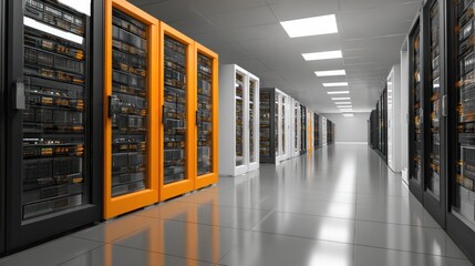 A long, narrow hallway with orange and black server racks on both sides, white ceiling lights, and a clean, modern design.