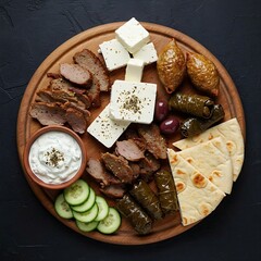  Rustic wooden board with a selection of Greek meze (like Gyro meat slices, Feta cheese, Kalamata olives, and Dolmades), served with tzatziki, fresh cucumbers, and pita bread,  