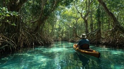 A person paddling a kayak in a dense mangrove forest, with roots and leaves creating a unique, enclosed environment.