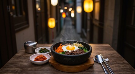 Steaming Bibimbap Bowl with Egg Yolk in Seoul Alleyway at Night