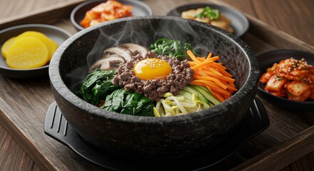 Steaming Bibimbap in Stone Bowl with Colorful Vegetables and Egg Yolk, Korean Cuisine