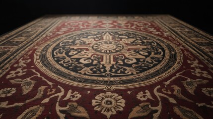 Intricate patterned carpet, artistic flooring, rich textile texture and design