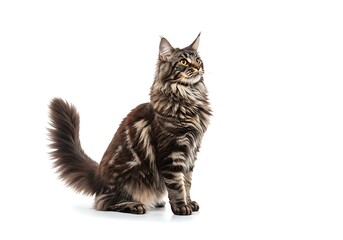 Elegant Maine Coon cat looking up in a clean white studio
