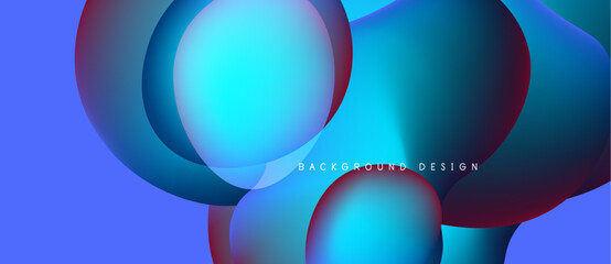 Abstract fluid shapes overlap, creating vibrant blue, purple gradients. Modern design evokes movement, depth, visual interest. Background features text.