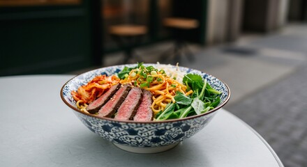 Vibrant Asian Noodle Bowl with Steak, Kimchi, and Greens on Table