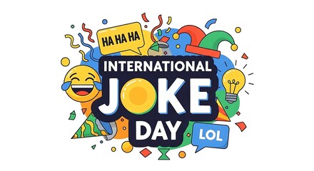 Fototapeta premium Vibrant graphic design celebrating International Joke Day, featuring diverse emoji and playful elements.