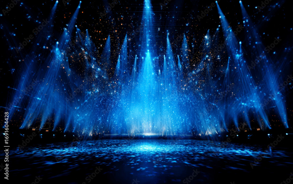 Poster blue stage lights creating a stunning visual effect with sparkling elements