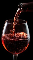 A red liquid being poured from a bottle into a glass, with bubbles forming against a dark background